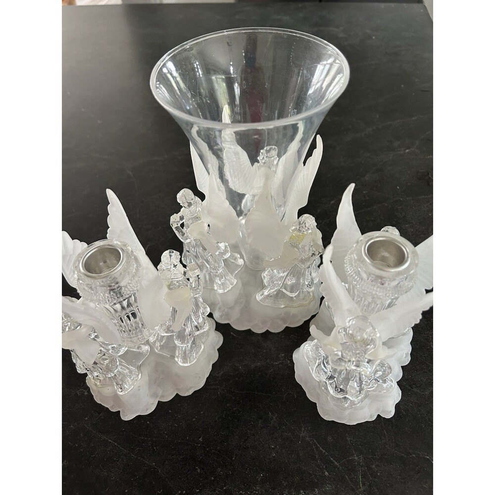 Vintage Christmas Clear /Frosted Angel-Vase and Two Matching Candle Holders Set